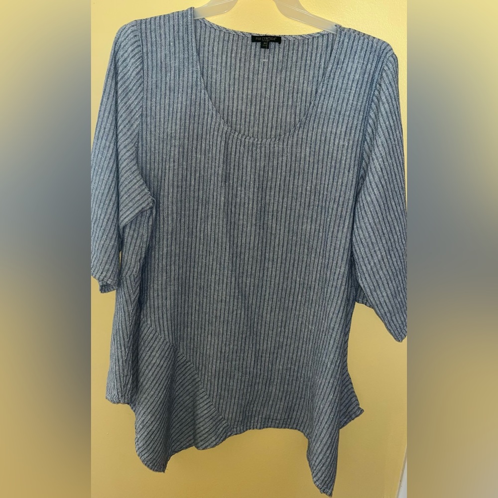 For Cynthia Linen Blend Blue Striped Tunic Top Shark Bite Asymmetrical 2X